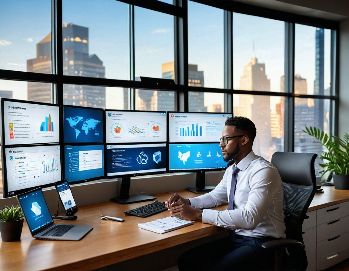 An insurance expert sitting at a modern desk with multiple screens displaying various online blogging platforms, surrounded by influential icons like social media logos and analytics graphs. The environment is tech-savvy with a blend of digital tools, ensuring a professional yet approachable vibe. Sunlight is filtering through a window, adding warmth to the scene. super-realistic. vibrant colors.