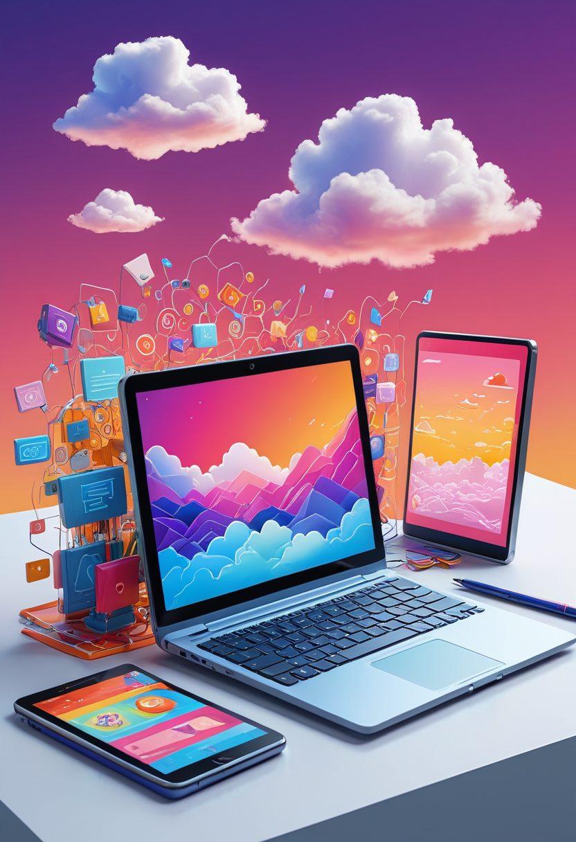 A dynamic digital landscape filled with abstract representations of blogging elements such as a computer, a pen, and a notepad. Illustrate an insurance theme with visual metaphors like shields and policy documents integrated into the design. Use bright colors to symbolize creativity and engagement. The backdrop should be a blend of circuitry and soft clouds to represent the digital world. cartoon style. vibrant colors. light background.