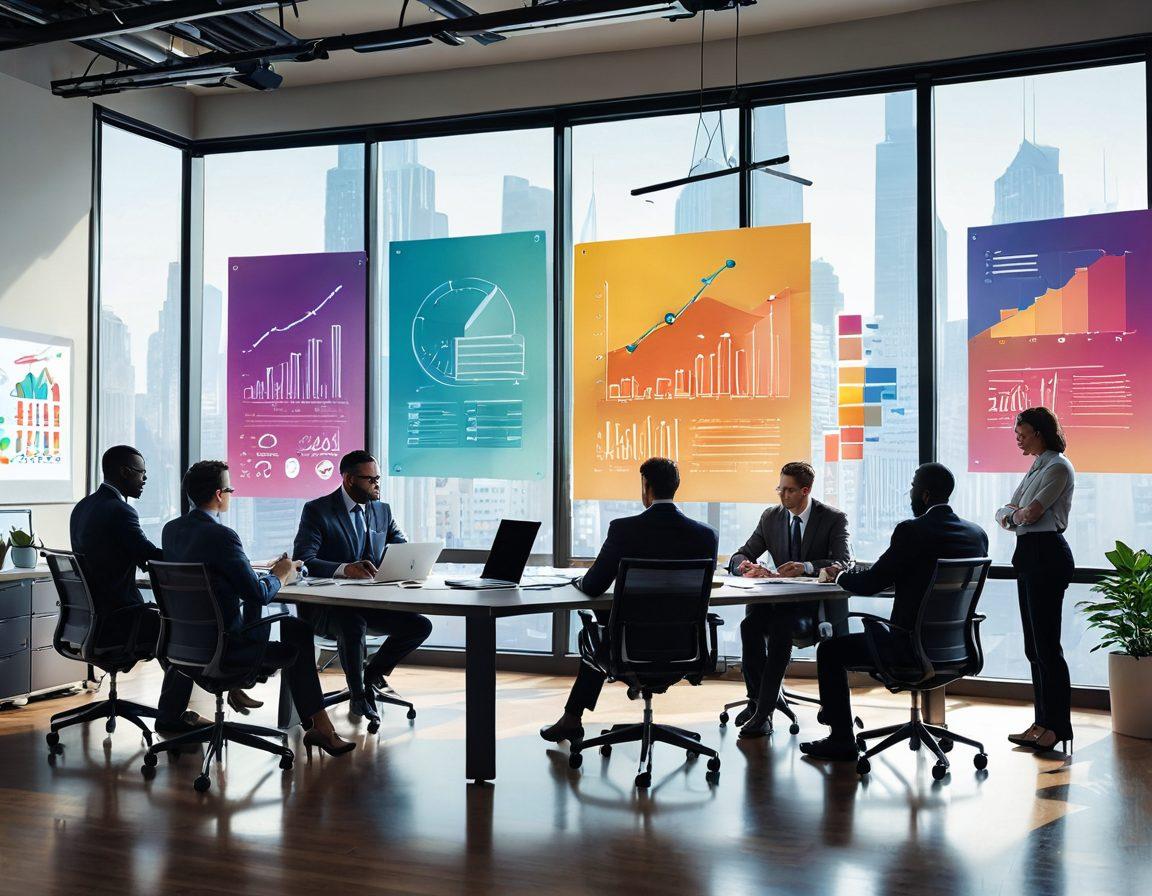 A visually captivating scene depicting a diverse group of insurance professionals collaborating over a large drafting table filled with colorful charts and engaging content ideas. Include elements that symbolize trust and security, like a shield or hands shaking. The background should feature a modern office space with large windows, showcasing urban scenery. Incorporate warm, inviting colors to evoke a sense of engagement and camaraderie. vector art. vibrant colors.